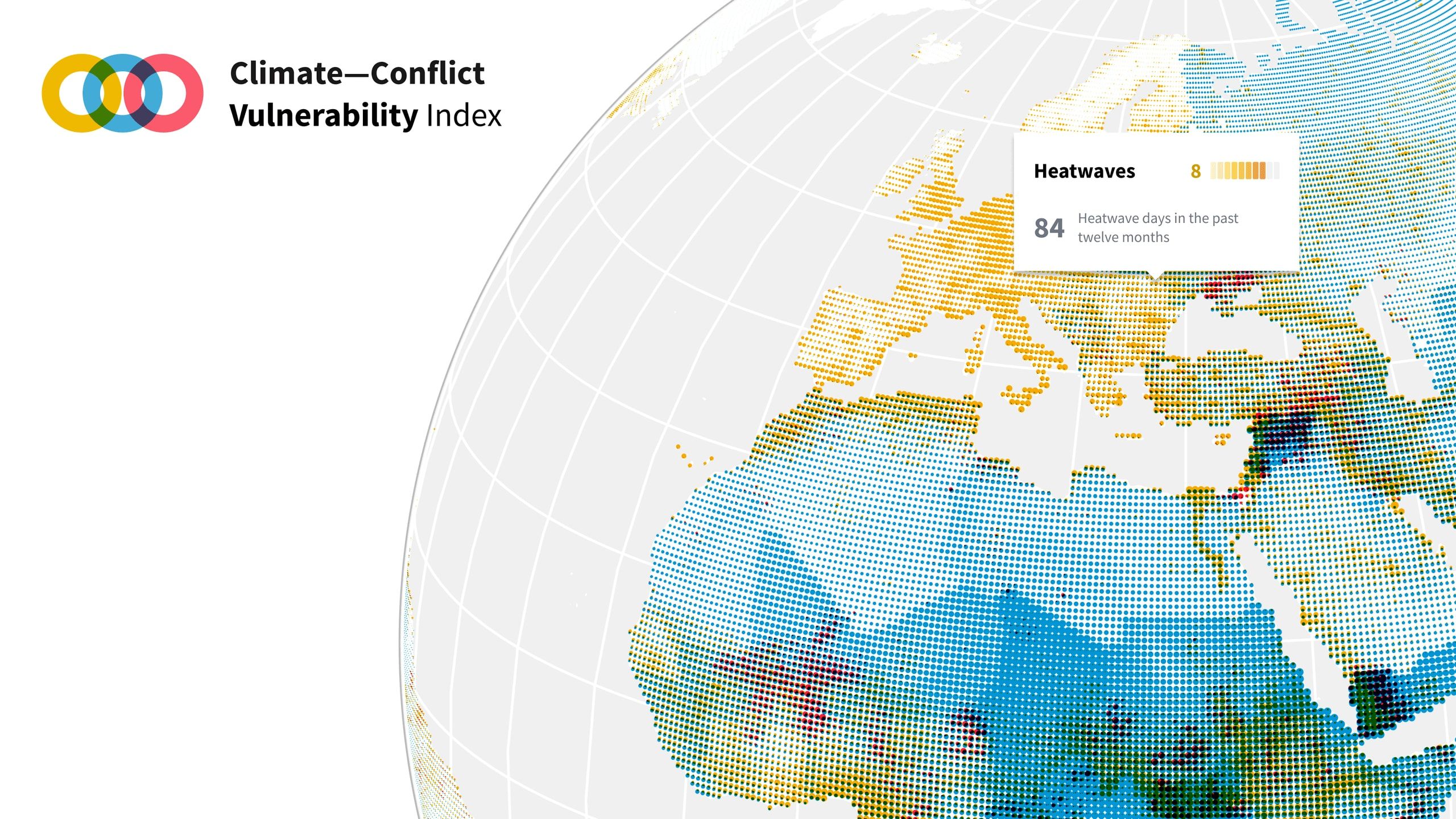 Climate–Conflict–Vulnerability Index globe visualization mapping where climate and conflict risks overlap