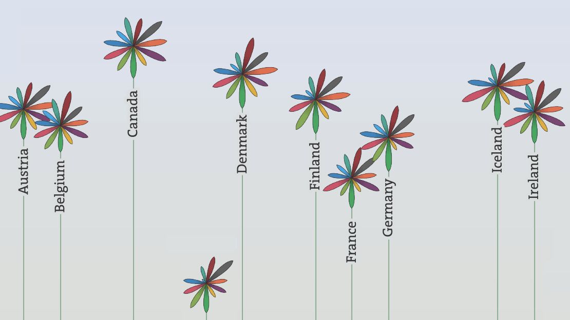 OECD Better Life Index flower with colored petals comparing countries across well-being topics